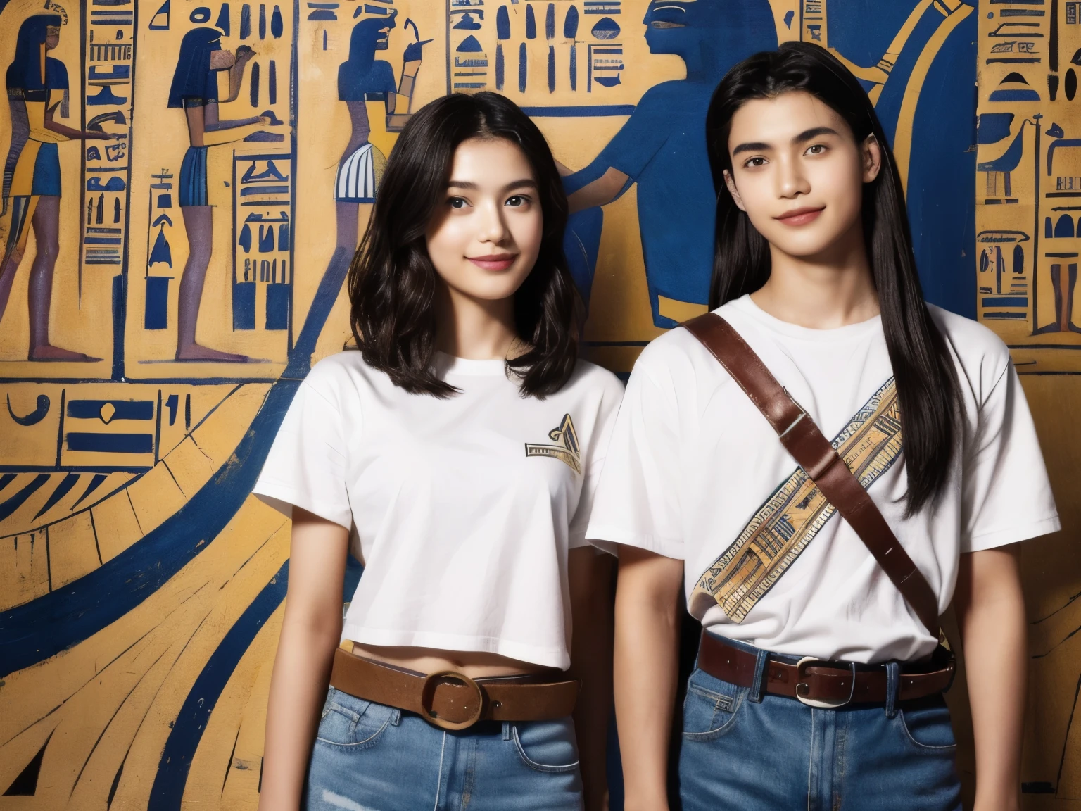 246 (In the mural2people々々), (An 18-year-old female and an 18-year-old male), short hair,kind, lipstick, Egyptian civilization, Waist belt, Hieroglyphics, smile