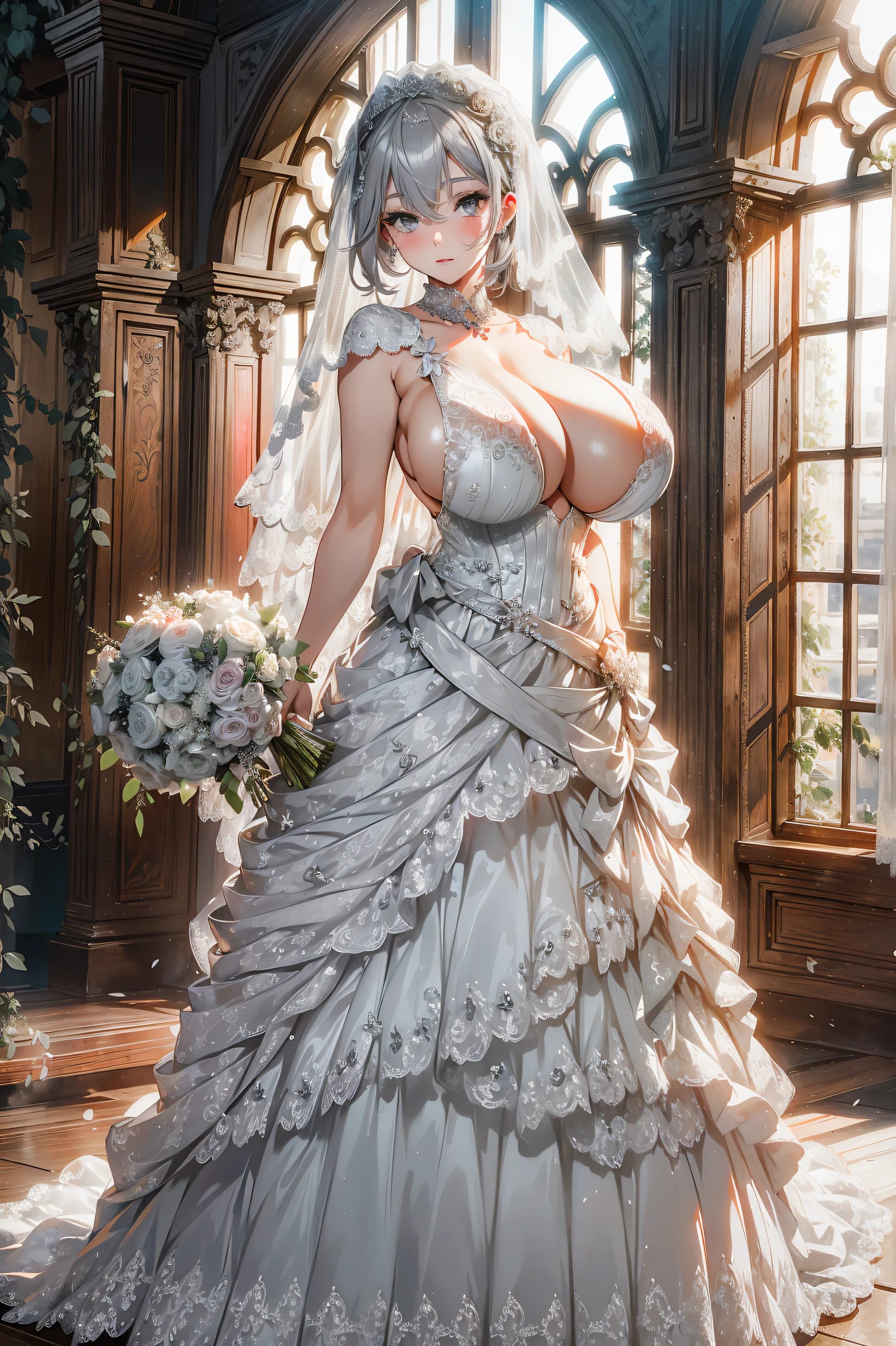 absurd, 8K, high resolution, ultra detailed, beautiful, masterpiece, best quality, very pretty woman, young, very pretty woman, (grey hair:1.4), sexy, (very big boobs:1.4), Detailed woman's face, very attractive, (wedding dress:1.4), full body, detail_face,SILVERWOLFV5