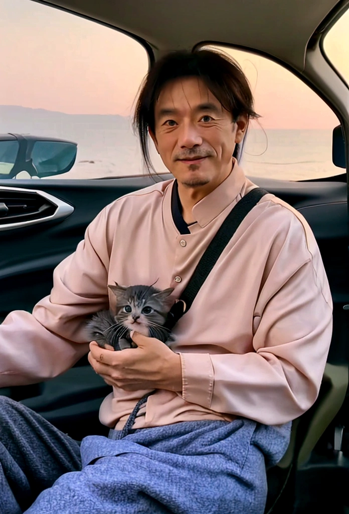 A middle-aged man，On the cliff by the sea，A car with BYD Han next to it，And a bicycle，Man holding camera looking at the seaside，There is a kitten beside him.。