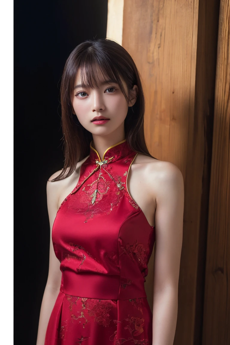 (Highest quality:1.4),(masterpiece:1.4),(Realistic:1.4),(Realistic:1.2),(超High resolution, RAW Photos:1.4),(High resolution, Ultra-detailed:1.2),(8K:1.2),Movie Photos,a photo of a dark-haired,One girl,alone,wear ,((China dress))、((Upper Body:1.3))