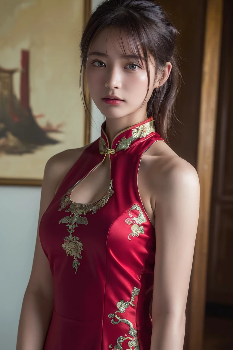(Highest quality:1.4),(masterpiece:1.4),(Realistic:1.4),(Realistic:1.2),(超High resolution, RAW Photos:1.4),(High resolution, Ultra-detailed:1.2),(8K:1.2),Movie Photos,a photo of a dark-haired,One girl,alone,wear ,((China dress))、((Upper Body:1.3))