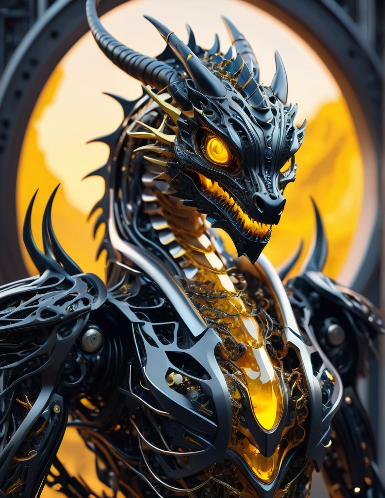 Complex 3d rendering ultra-detailed beautiful dragon , biomechanical robot, simulated 150mm shot, beautiful natural soft edge light, crystal , roots, colorful details, intricate details, mesh threads, mandelbro fractals, body muscles, cable wires, microchips, badasses, surreal, ultra-detailed, octane rendering, volumetric lighting, 8k post-production, black and white with a touch of yellow , metallic skeleton details, half-animal , futuristic landscape , complex body