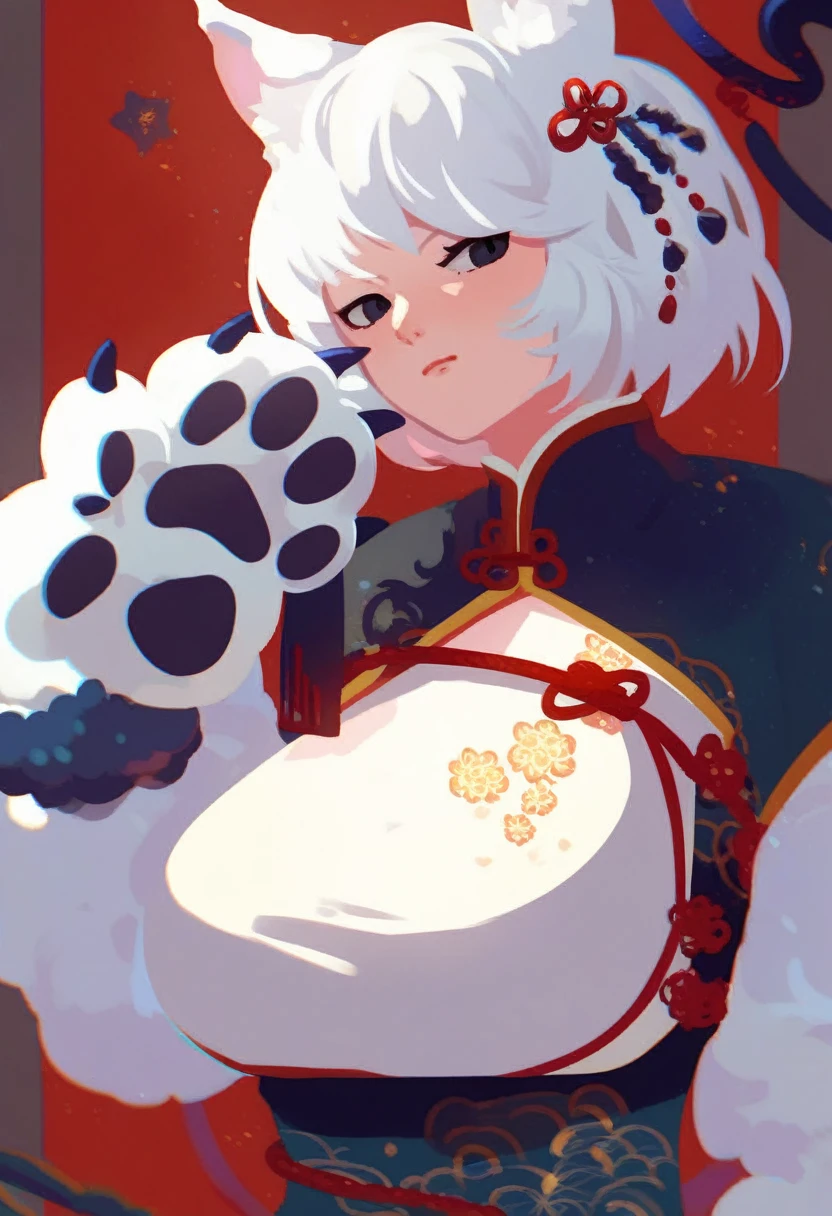 score_9, score_8_up, score_7_up, source_anime, rating_questionable, kurzg3sagt renxion, chinese clothes, animal ears, monster girl, animal hands, large breasts, black eyes, fur, white hair, short hair, upper body,
