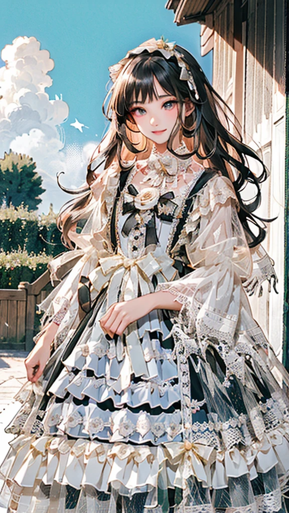 (Practical:1.3), Meticulous attention to detail, quality, (masterpiece:1.2), Delicate skin, (Intricate details), dramatic, Ray Tracing, 1 Girl, Smile, Very long hair, Bangs, Tutu,((ta_skirt)), have,Ribbon,Lace,stocking, High heel, (outdoor, Sunny Day, garden, cloud)