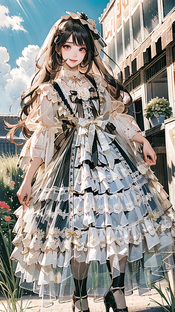 (Practical:1.3), Meticulous attention to detail, quality, (masterpiece:1.2), Delicate skin, (Intricate details), dramatic, Ray Tracing, 1 Girl, Smile, Very long hair, Bangs, Tutu,((Lolita_skirt)), have,Ribbon,Lace,stocking, High heel, (outdoor, Sunny Day, garden, cloud)
