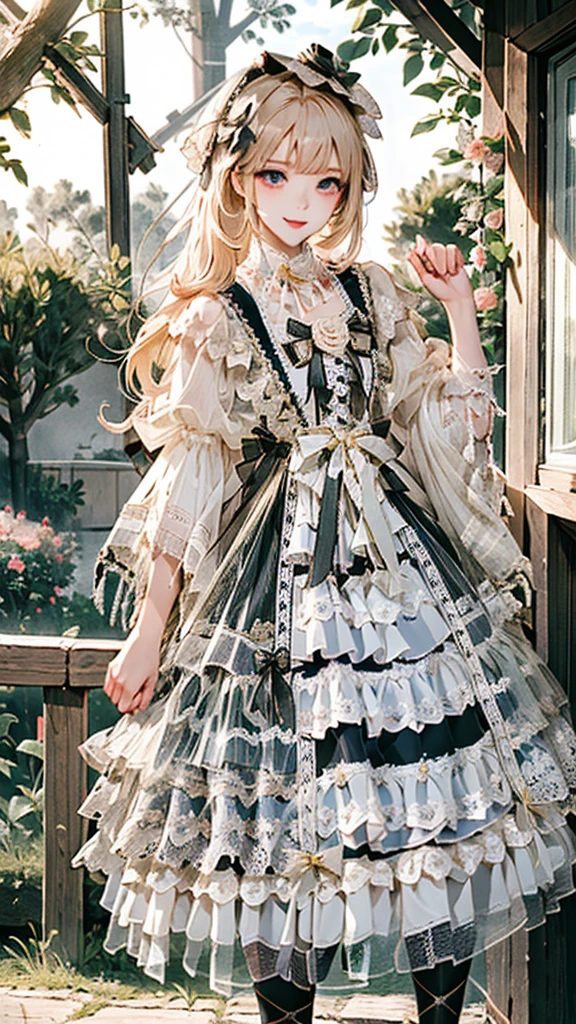 (Practical:1.3), Meticulous attention to detail, quality, (masterpiece:1.2), Delicate skin， (Intricate details), dramatic, Ray Tracing, 1 Girl, Smile, Very long hair, Bangs, Tutu，（（Lolita_skirt））, have,Ribbon,Lace,stocking, High heel, (outdoor, Sunny Day, garden, cloud)