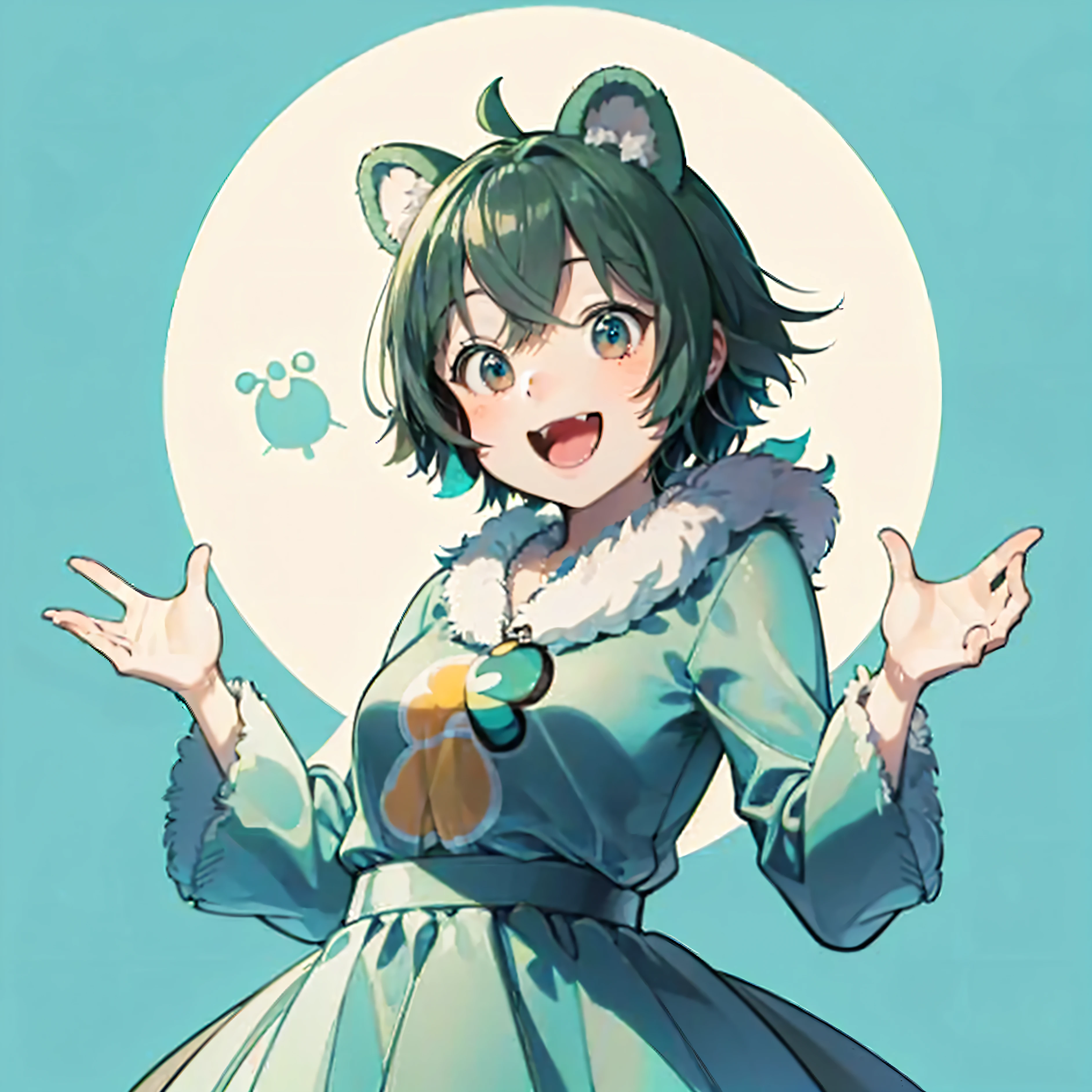 Green fur bear,Pixar-like refined characters,Disney,2:2,Body shape like Doraemon,Ultra HD,fur,Looking at me and laughing,Mouth open,Raising one hand,The belly is white,ears are big,Doll-like cuteness,More realistic