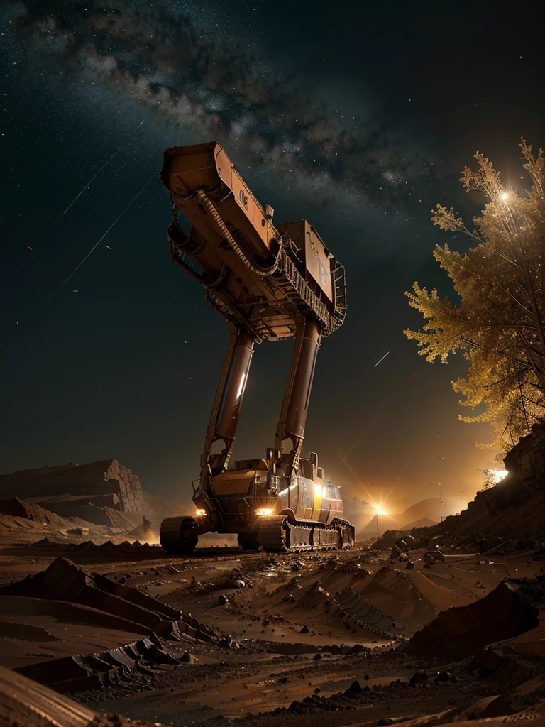 On Mars, huge, Cutting-edge mining excavator at work. Metallic glossy texture, Mineral conveyor belts, and miners spread across the surface of Mars. bright pictures, different machines, Starry Sky, daytime, Delve into large mechanical details,  Highly realistic, Light and Dark