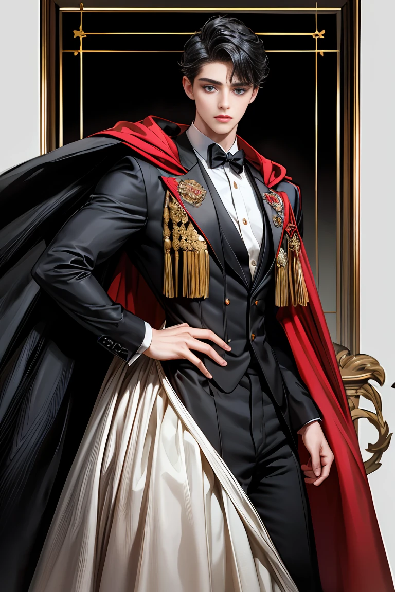 
masterpiece, 最high quality, high quality, 1 boy, alone, Male focus, Watching the audience,  Messy black hair, Adorable big blue eyes, White people, Noble, Noble,Sexy voluminous black and red cape、Tuxedo、A very voluminous, large, very large, very large, long, long red and black cape with a high stand-up collar, reaching down to the floor, made of a lot of fabric., 17 years old,Cute beautiful boys,Cute, cute, kind, handsome guy