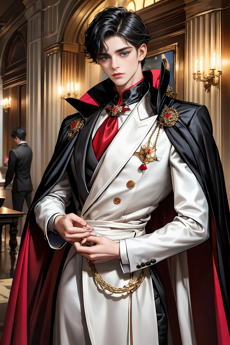 masterpiece, 最high quality, high quality, 1 boy, alone, Male focus, Watching the audience, Messy black hair, Adorable big blue eyes, White people, Noble, Noble,Sexy voluminous black and red cape、Tuxedo、A very voluminous, large, very large, very large, long, long red and black cape with a high stand-up collar, reaching down to the floor, made of a lot of fabric., 17 years old,Cute beautiful boys,Cute, cute, kind, handsome guy