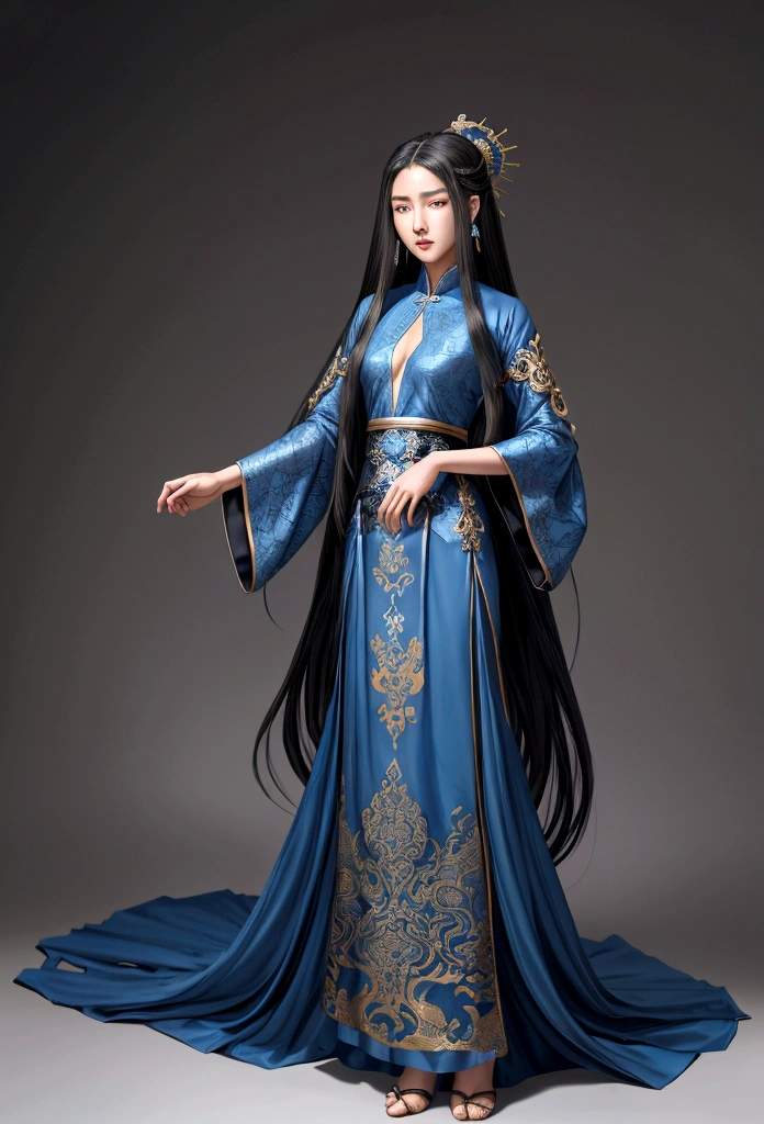 Close up of person in blue gown with long hair, flowing hair and long gowns, heise jinyao, full body martial arts, Guandosung(Guan Daosheng)inspired by, with his long black hair, Inspired by Jojbai, Jingna Zhang, wearing a blue gown, by Jay Yang, Inspired by Oh Do-ja, Inspired by Woobin