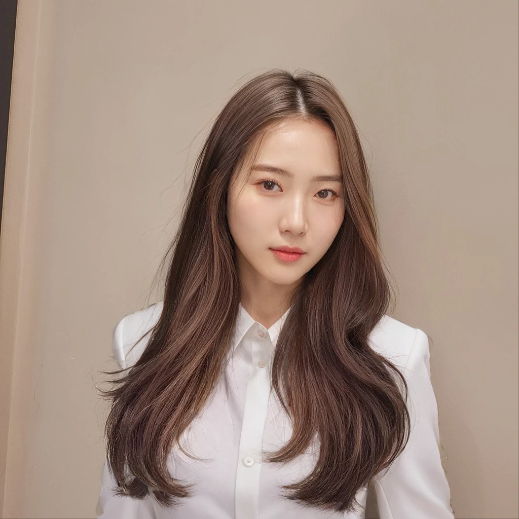 best quality, 8K, masterpiece, (portrait: 1.3), (photo realistic:1.4), (surreal:1.4), sharp focus, looking at viewer, (soft lighting:1.1), (영화 조명 improve quality:0.9), realistic lighting, backlight, my face shines, ray tracing, (brightly shining light:1.2), (improve quality:1.4), sharp details, (Top quality real textured skin:1.4), finely detailed eye, Black color_eye, A face depicted in detail, 25-year-old Korean woman, (White suit_shirt:1.4), (Create an image that maintains the original base model's hairstyle.:1.5)
