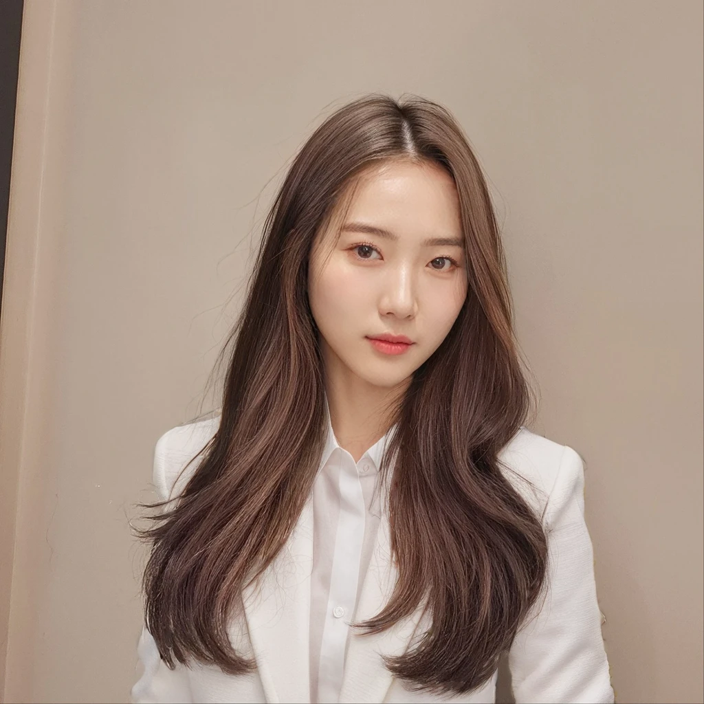 best quality, 8K, masterpiece, (portrait: 1.3), (photo realistic:1.4), (surreal:1.4), sharp focus, looking at viewer, (soft lighting:1.1), (영화 조명 improve quality:0.9), realistic lighting, backlight, my face shines, ray tracing, (brightly shining light:1.2), (improve quality:1.4), sharp details, (Top quality real textured skin:1.4), finely detailed eye, Black color_eye, A face depicted in detail, 25-year-old Korean woman, (White suit_shirt:1.4), (Create an image that maintains the original base model's hairstyle.:1.5)