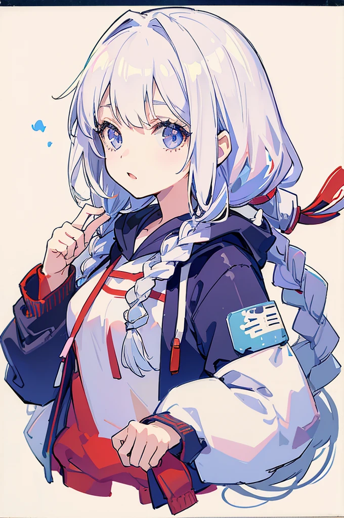 1girl, white hair, small breasts, hoodie oekaki, k aiu, simple background, portrait, twin braids,