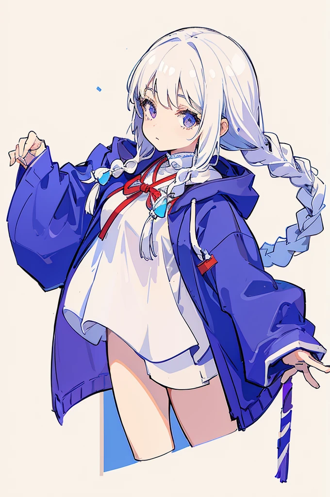1girl, white hair, small breasts, hoodie  oekaki, k aiu, simple background, portrait, twin braids, 