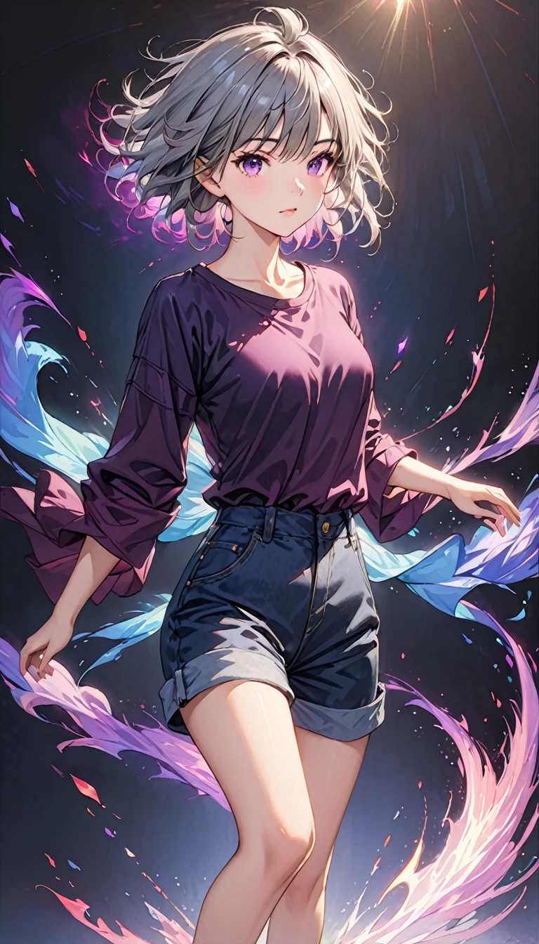 ((Top Quality)), ((Masterpiece)), (Detail), high resolution, Perfect Face, Fine Eyes, Depth of Field, Special Shading, (photorealistic), (full body), (1 beautiful girl), sharp eyes, keep an eye on, medium breasts, (grey hair, vary short hair, messy hair), ((Dark looking outfits, short pants)) BREAK (aura effect1.2), She wears a purple aura, Light particles, (simple black background)