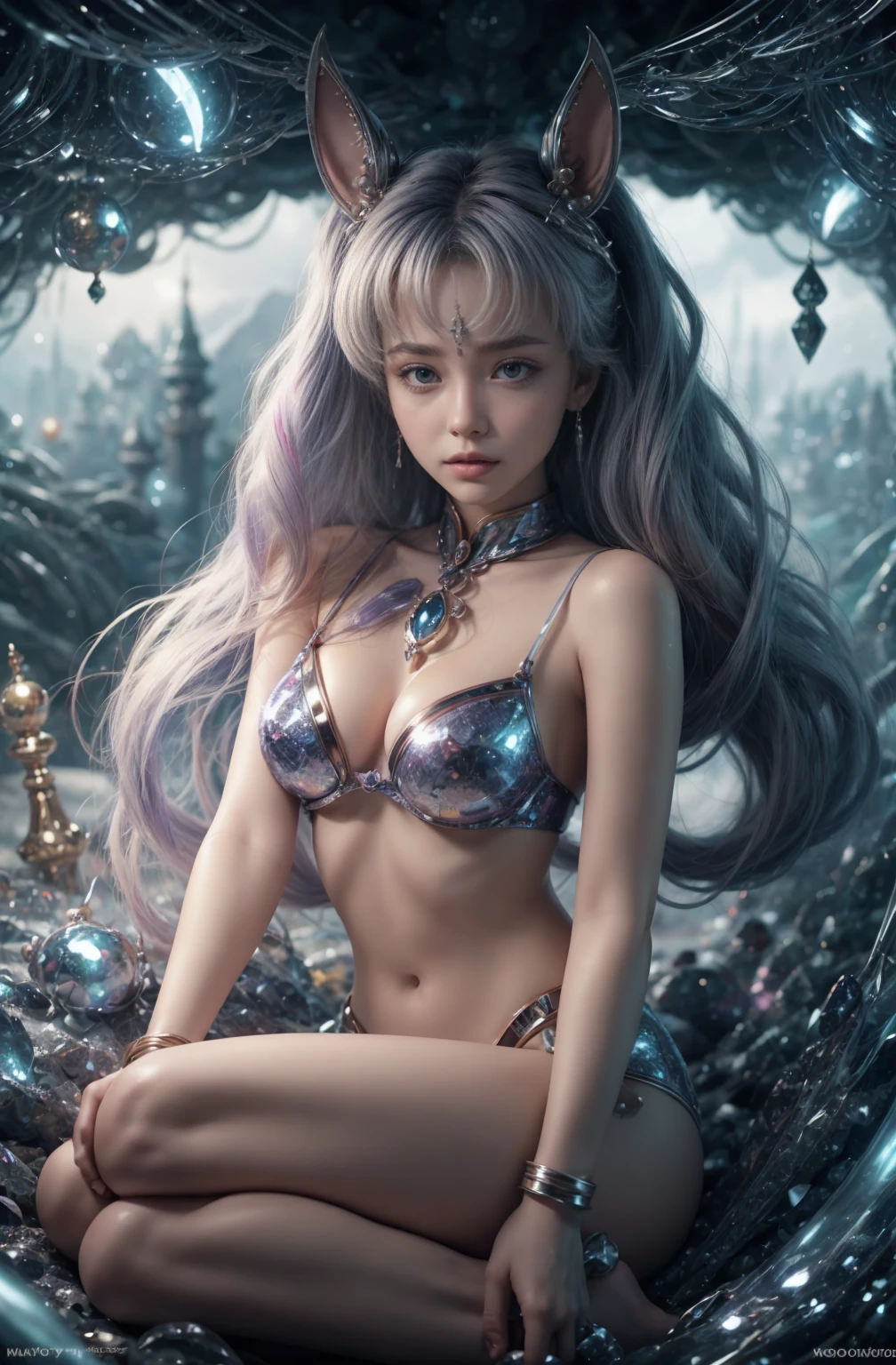 Sailor Moon Moon Rabbit（By Naoko）, Fantasy, colorful, fashion, Complex, Messy, wonderful, Detailed Art, Character Concept, 20 year old crazy girl, Beautiful Face, wonderful detailed face, whole body, Blink, dazzling, bright, Sparkling, Dynamic Angle, Sensory-stimulating illustrations, masterpiece, 8k wallpaper, Best Quality, A perfect surreal composition