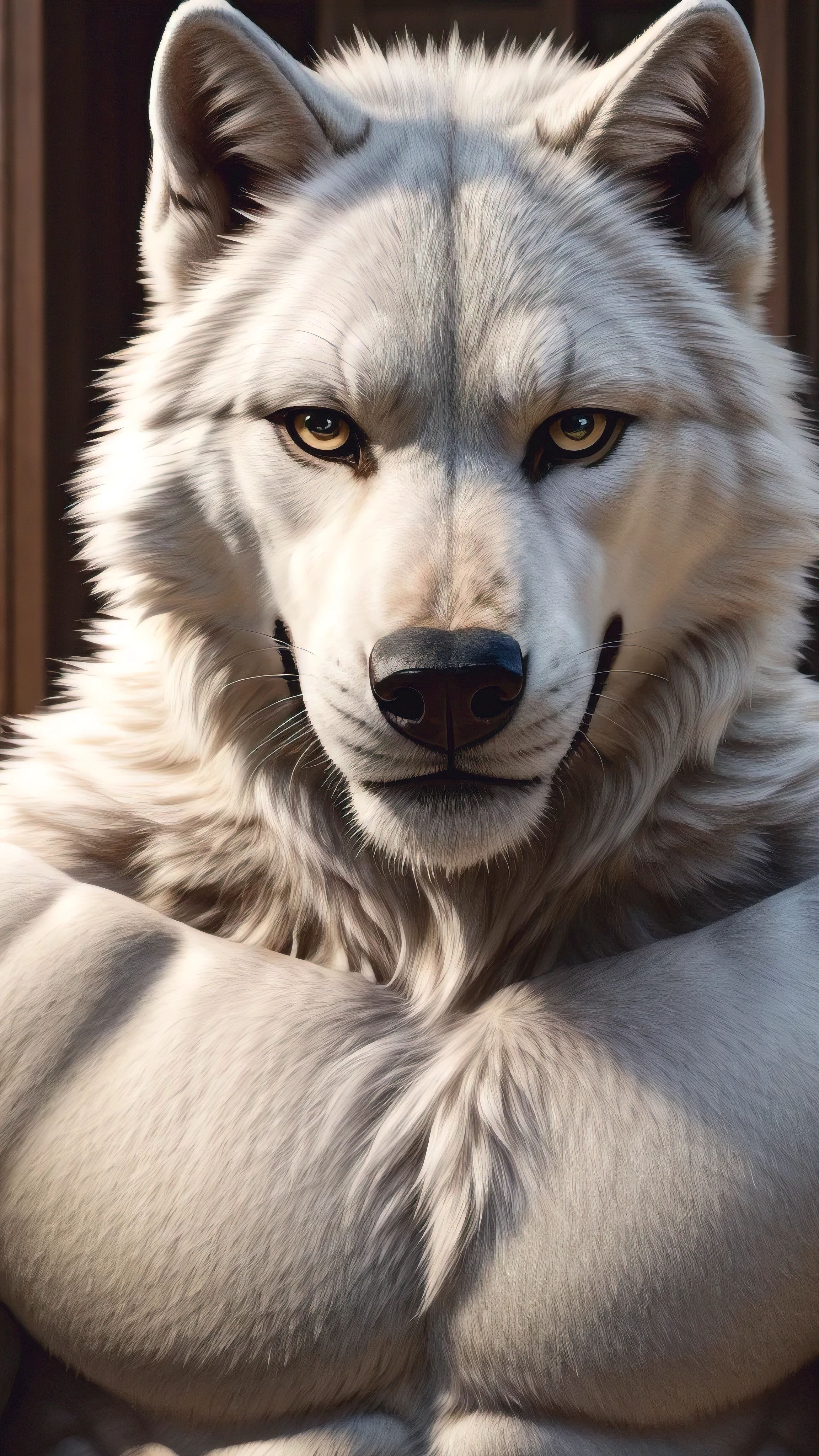 White wolf muscular And looking at the camera