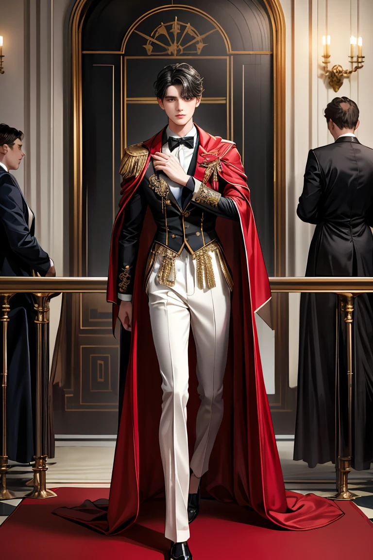 masterpiece, 最high quality, high quality, 1 boy, alone, Male focus, Watching the audience, Messy black hair, Adorable big blue eyes, White people, Noble, Noble,Sexy voluminous black and red cape、Tuxedo、A very voluminous, large, very large, very large, long, long red and black cape with a high stand-up collar, reaching down to the floor, made of a lot of fabric., 17 years old,Cute beautiful boys,Cute, cute, kind, handsome guy