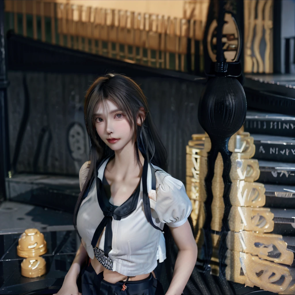 Gray eyes, Korean school uniform, Summer shirts, Ribbon Tie, skirt, Bright Blonde, School stairs, going down School stairs, Chest thrust pose, Chest show-off pose, 8K RAW Photos, high resolution, 16 year old Korean is cool, Very round breasts, Beautiful eye details, Long eyelashes, Beautiful double eyelids, Eyeshadow, Eyeliner, Slender eyes, Elongate the shape of the eyes, Three white eyes, Evil smile, Expression, Very beautiful slender legs, Beautiful and slender thighs, Random medium-length hair, hair tied behind the head, earrings,