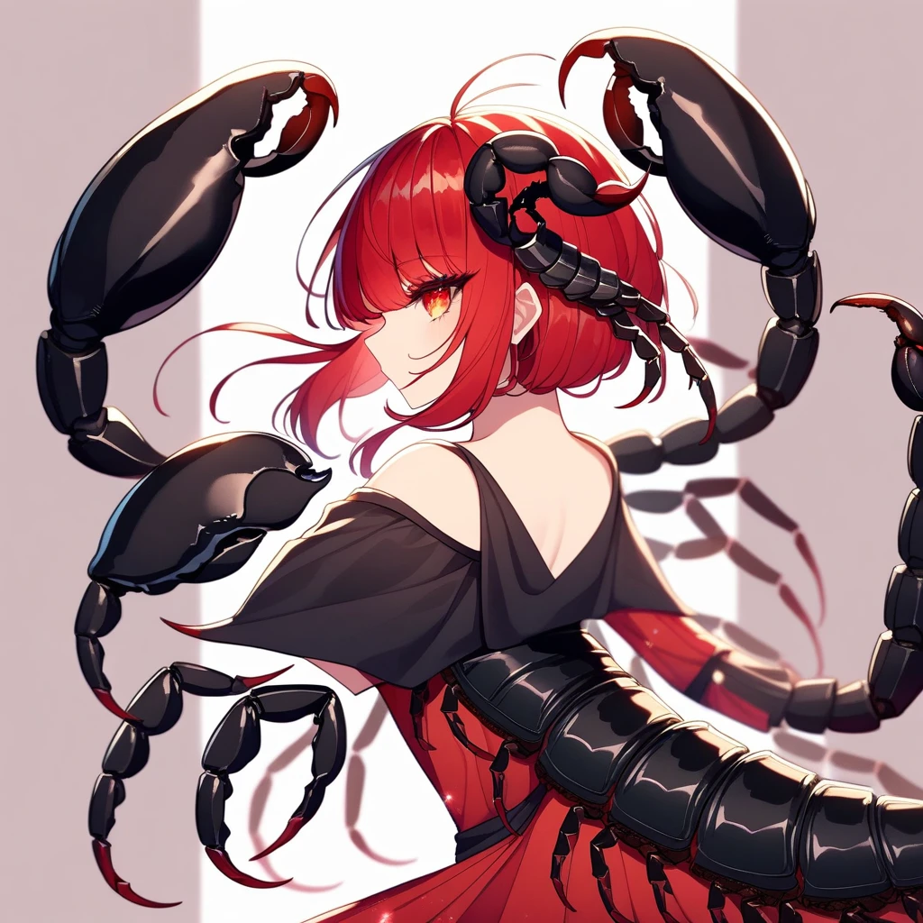 （Yellow plum、high quality、Very detailed），Constellation Scorpion 、Poisonous tail，(((Huge reddish black scorpion:1.6)))，A woman intimidating a Scorpio，Similar to the goodness of Latin，Brave，Whimsical，productivity，The face of progress and humanitarianism，Long golden hair，Ancient Greek Costume、Wrap dress，The background is space，Crystal Red Eye（Eye details），A powerful look