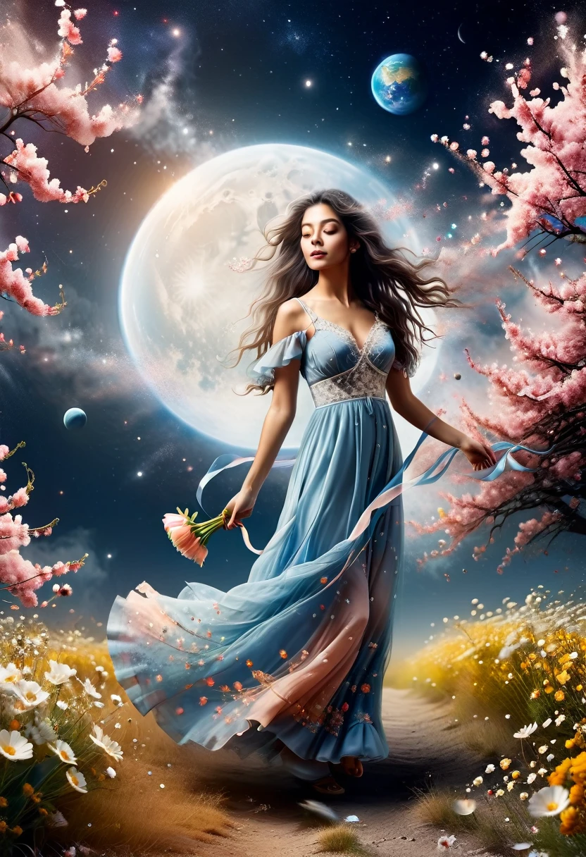 Perfect image:1.5. Analogue Photography:1.2),((Dynamic pose:1.2),(Dynamic Camera),NASA Style, On a moon full of flowers, Young woman in a long lace dress, Long Hair,Walk happily on the flower moon, Looking into the camera, The background is space, and Earth, performer, Other planets also appear to have ribbons flying around, Ultra-realistic, Actual photo shoot, Realistic, Photo taken with a Mamiya ARZ67 and Portra 400 film, Aperture 4, Shutter Speed 125 Stardust (Natural Color, Correct White Balance, Color Correction, Haze Removal,clarity), (Composition centering, Conceptual Photography)),(midnight, high quality, Film Grain), (Natural Color, Correct White Balance, Color Correction, Haze Removal,clarity)