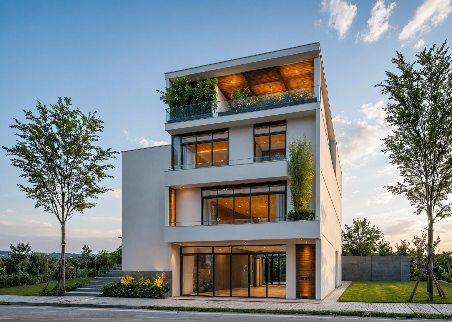 Masterpiece, high quality, best quality, authentic, super detail, outdoors, onestoreyvillaXL, aiaigroup, house style modern on the street ,stairs, white wall ,road,pavement, grass, trees, sky, cloud, (sunset light:1.1)