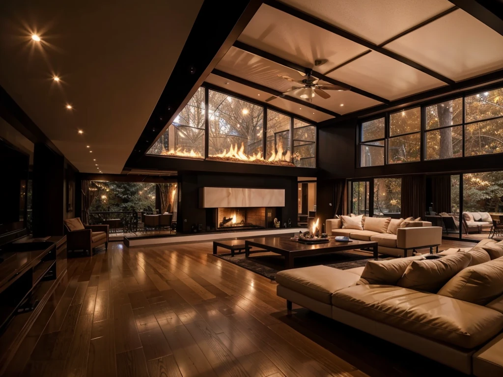 A Double-height ceiling living room with a large, floor-to-ceiling window. cozy ambiance with a fire place and a television.outside is dark and rainy with trees 