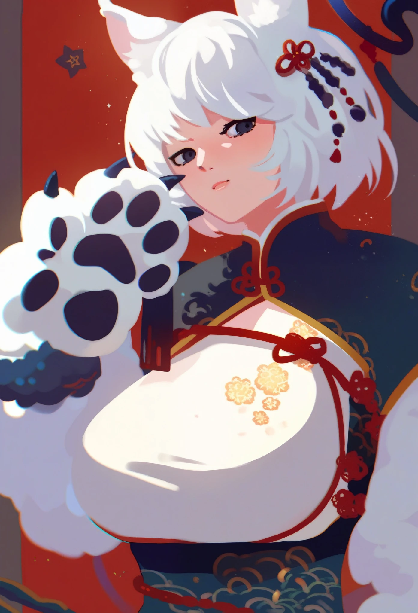 score_9, score_8_up, score_7_up, source_anime, rating_questionable, kurzg3sagt renxion, chinese clothes, animal ears, monster girl, animal hands, large breasts, black eyes, fur, white hair, short hair, upper body,
