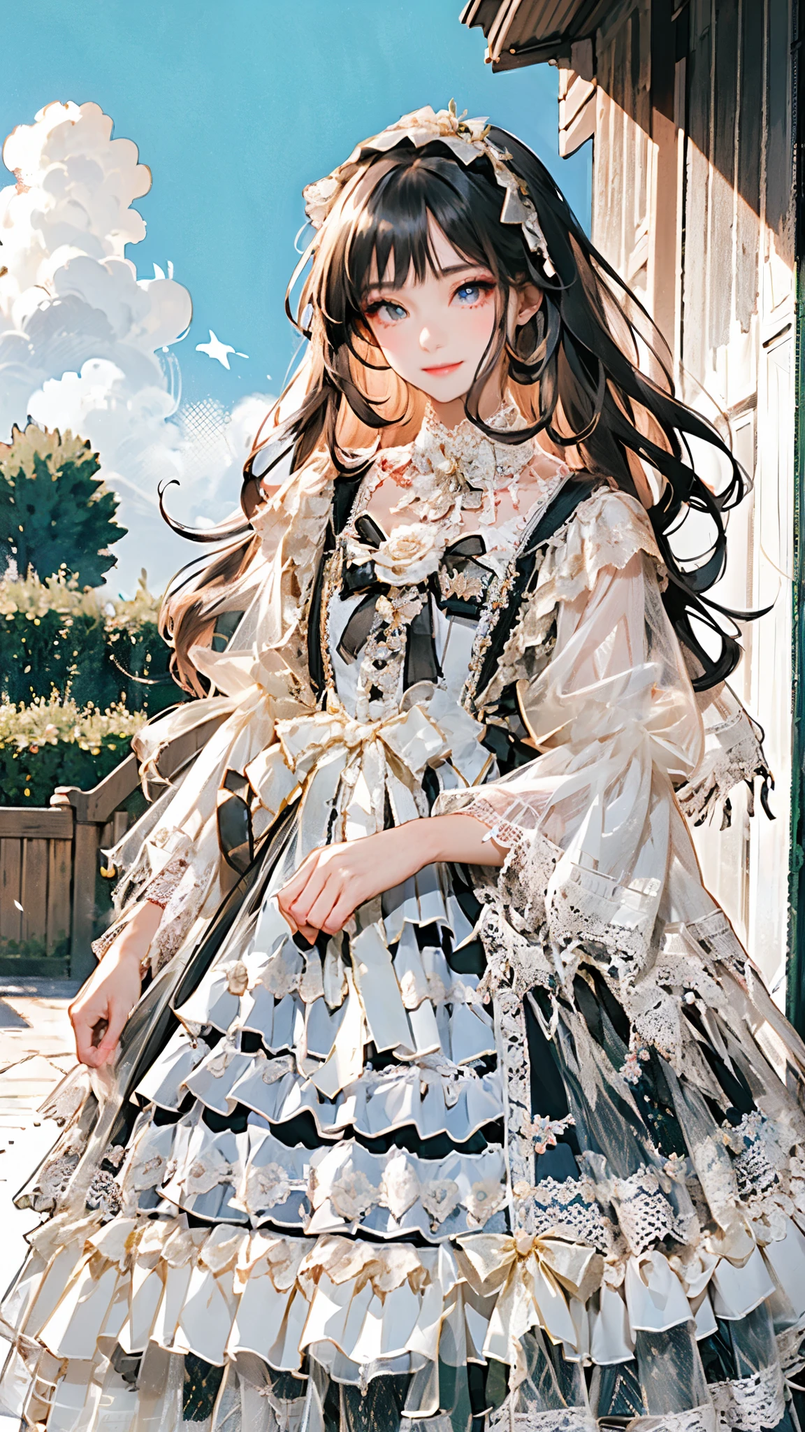 (Practical:1.3), Meticulous attention to detail, quality, (masterpiece:1.2), Delicate skin, (Intricate details), dramatic, Ray Tracing, 1 Girl, Smile, Very long hair, Bangs, Tutu,((ta_skirt)), have,Ribbon,Lace,stocking, High heel, (outdoor, Sunny Day, garden, cloud)