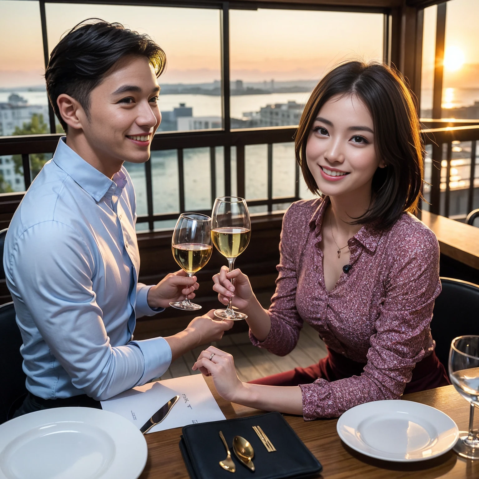 ((Highest quality、、masterpiece:1.3))、 (Genuineistic, Genuine、Bright image、Intricate details:1.2), 最高のsmile、1 male、1 female、Beautiful couple、love love love、fiancee、Good friends、actress couple、smile、Full-course dinner at a packed table、 (Slim face), (the body is slim), (Brown Hair), (short hair), テーブルのwine glass、Please shine a light on my face、 Amazing view of the sunset sky and clouds、29-year-old,Age 34、 red wine 、Appetizers、Wine bottle、sparkling wine、Long sleeve shirt、dress、White wine, red wine, wine glass, 