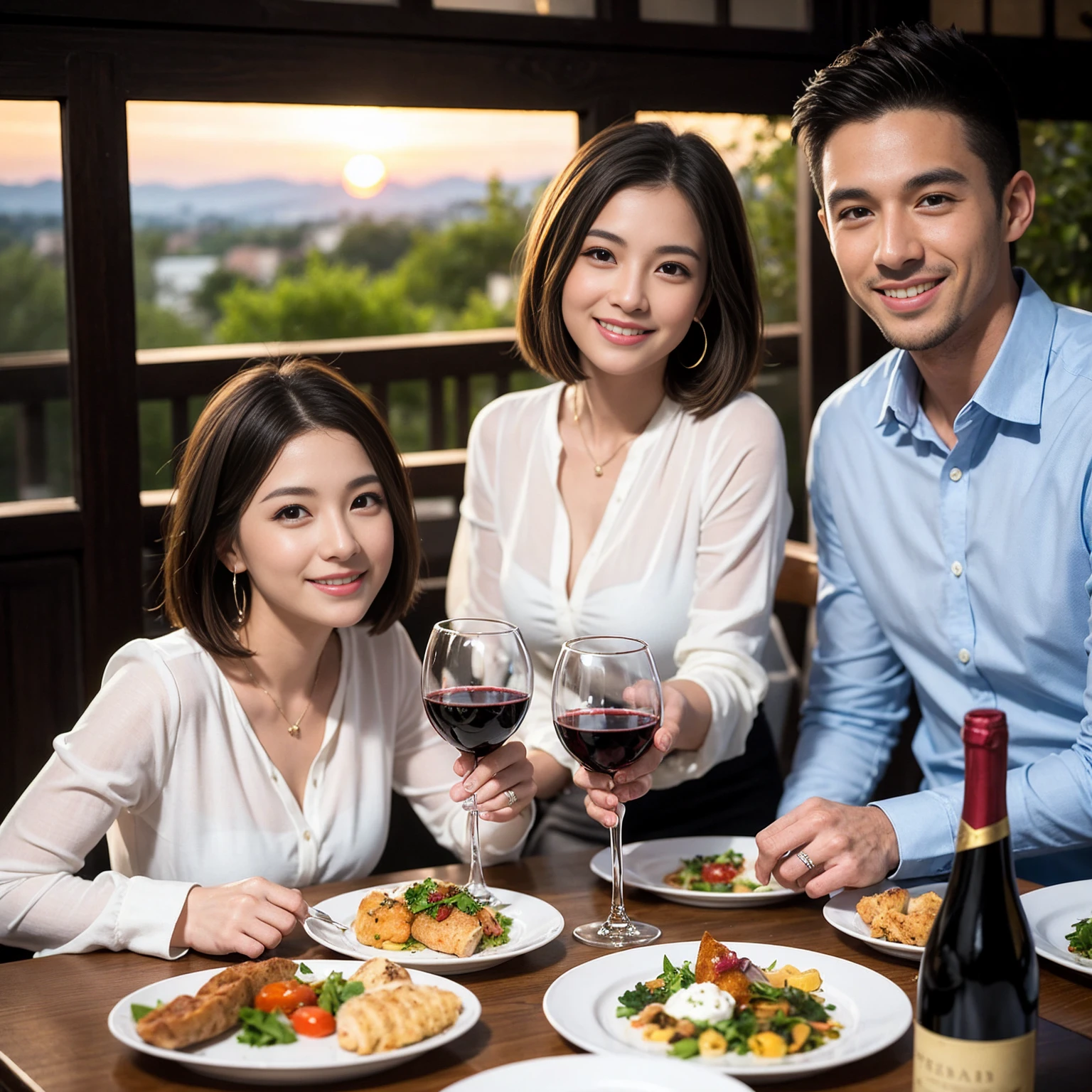 ((Highest quality、、masterpiece:1.3))、 (Genuineistic, Genuine、Bright image、Intricate details:1.2), 最高のsmile、1 male、1 female、Beautiful couple、love love love、fiancee、Good friends、actress couple、smile、Full-course dinner at a packed table、 (Slim face), (the body is slim), (Brown Hair), (short hair), テーブルのwine glass、Please shine a light on my face、 Amazing view of the sunset sky and clouds、29-year-old,Age 34、 red wine 、Appetizers、Wine bottle、sparkling wine、Long sleeve shirt、dress、White wine, red wine, wine glass,