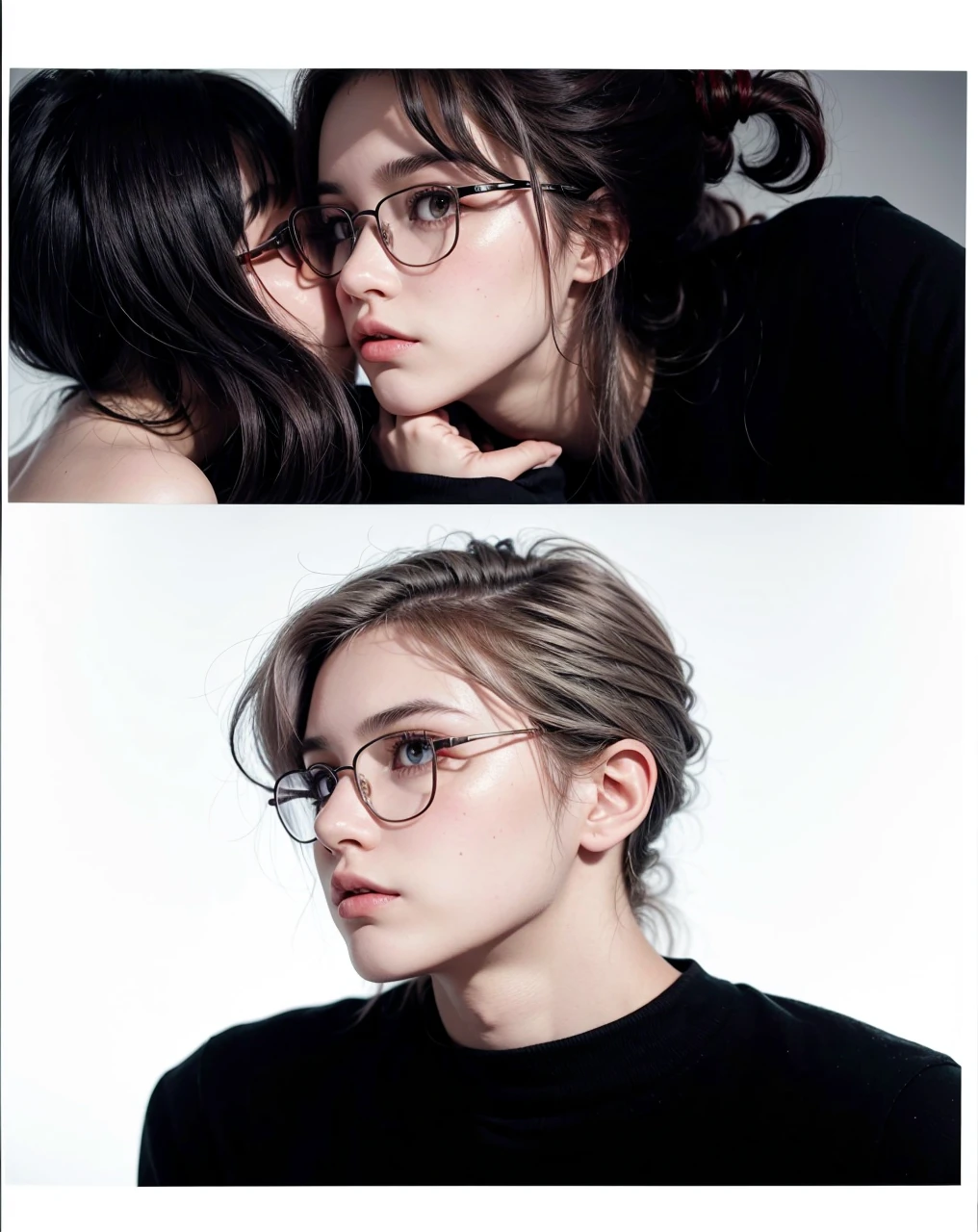 Wavy-haired girl with glasses kissing with tall boy with red eyes and gray hair