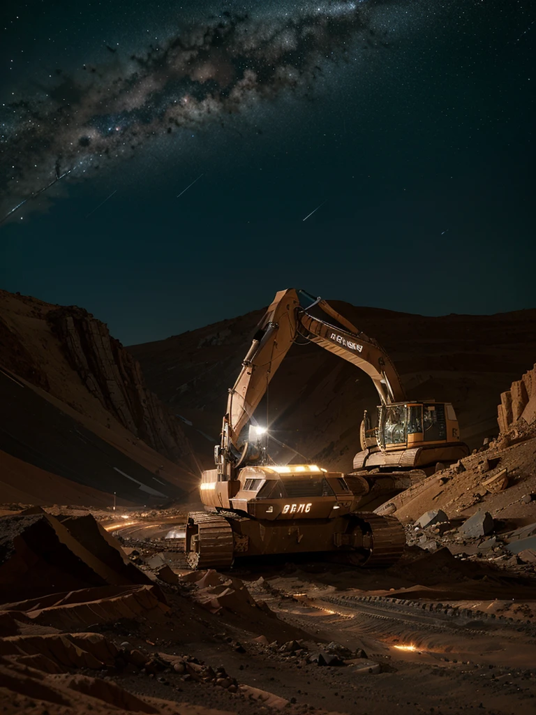 On Mars, huge, Cutting-edge mining excavator at work. Metallic glossy texture, Mineral conveyor belts, and miners spread across the surface of Mars. bright pictures, different machines, Starry Sky, daytime, Delve into large mechanical details,  Highly realistic, Light and Dark