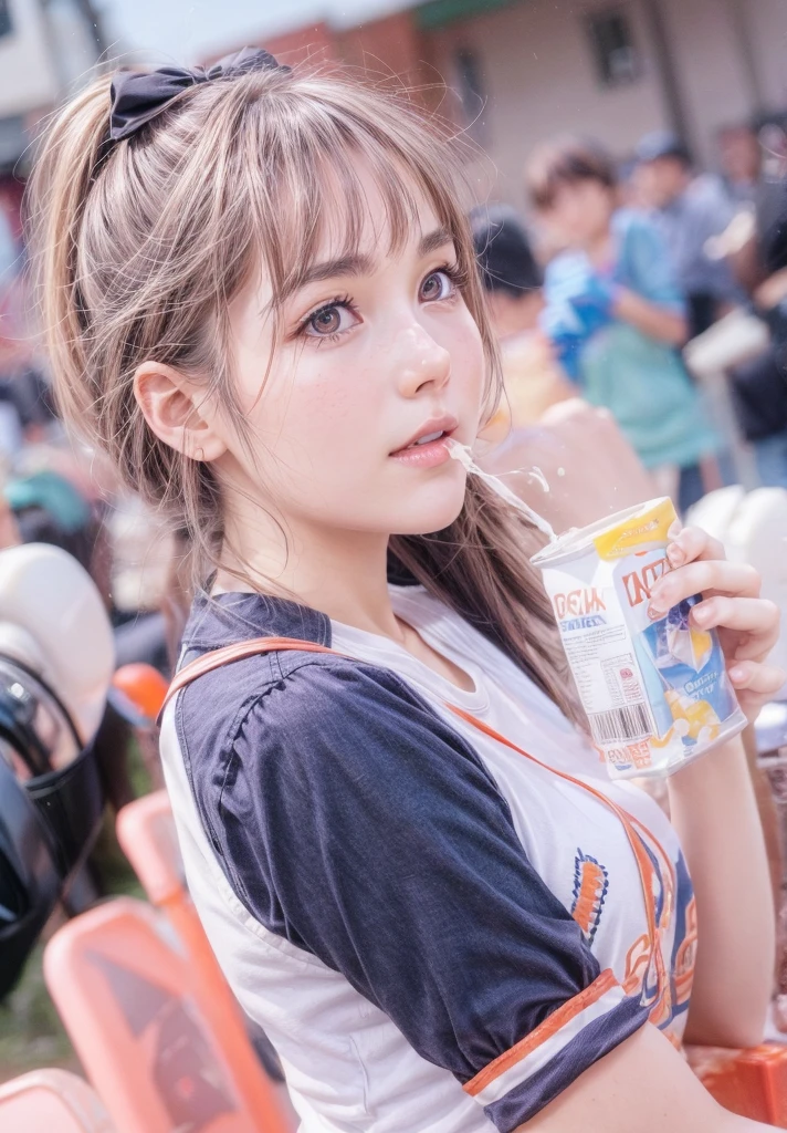 Beautiful brown-haired woman is drinking a box of milk