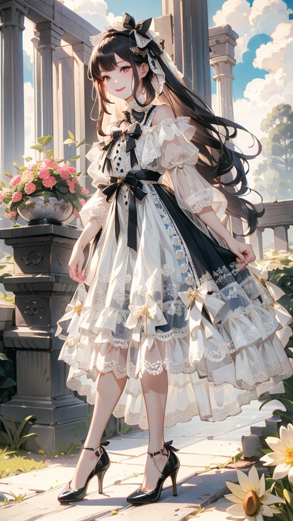 (Practical:1.3), Meticulous attention to detail, quality, (masterpiece:1.2), Delicate skin， (Intricate details), dramatic, Ray Tracing, 1 Girl, Smile, Very long hair, Bangs, Tutu，（（Lolita_skirt））, have,Ribbon,Lace,stocking, High heel, (outdoor, Sunny Day, garden, cloud)