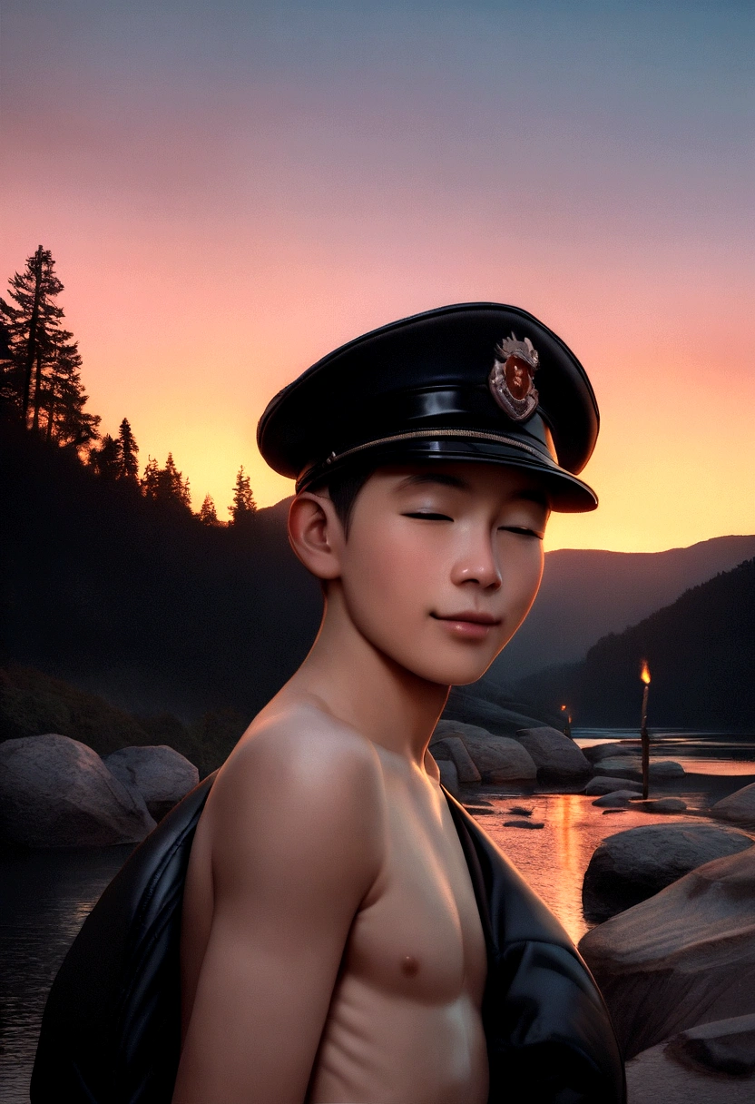 realistic photo, Best Quality, hyper detailed, 15 year old young man, autophoto, whole body, no shirt, sin sport, without swimsuit, (evening), mountains, nature in real life, stars, officer, (happy, happy), sleeping bag, cap, Torch, forest, rock, River, wood, smoke, served, clear sky, analog style, spectator&#39;s view, skin texture, film grain, close up, ultra high resolution, best shadow, RAW, LUT by Instagram
