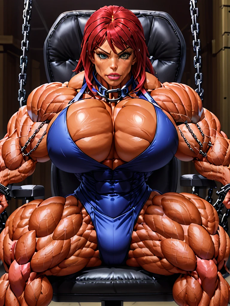 Muscle woman in chains chair 