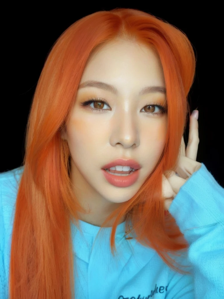arafed woman with pelo naranja and blue shirt posing for a picture, she has long redpelo naranja, pelo naranja, cabello naranja brillante, bright pelo naranja, ella tiene el pelo largo y castaño anaranjado, long pelo naranja, Piel de naranja y pelo largo y ardiente., ava max, sun yunjoo, jossi de blackpink, portrait of jossi de blackpink, cabello suelto naranja, CL