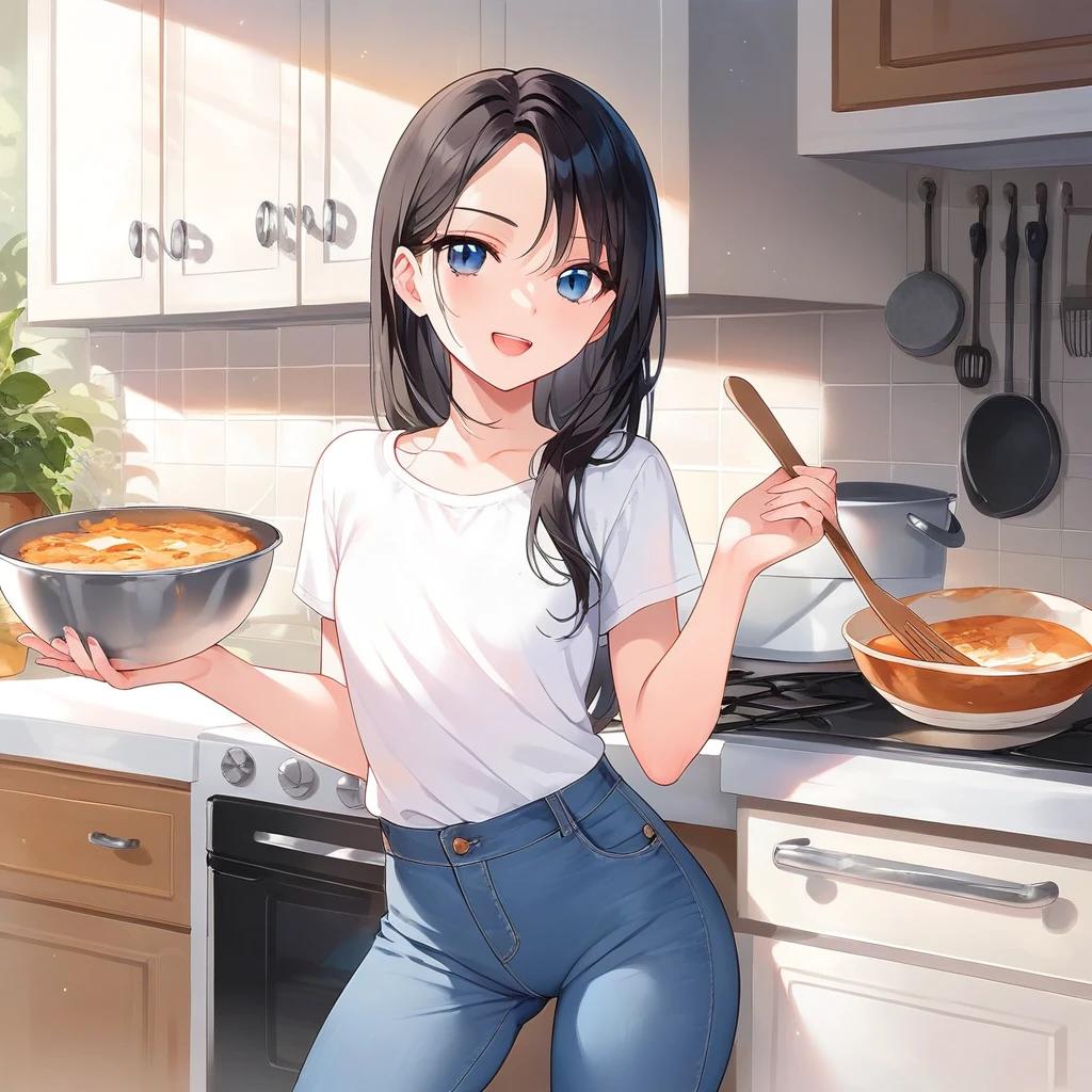 masterpiece , best quality , color , lineart , 1 girl , solo , 20 years old , flat chest , long black hair , short sleeve , white tshirts , long pants , jeans , smirk , standing , cooking , open eyes , open mouth , look away backwards ,kitchen backqround , simple backqround ,