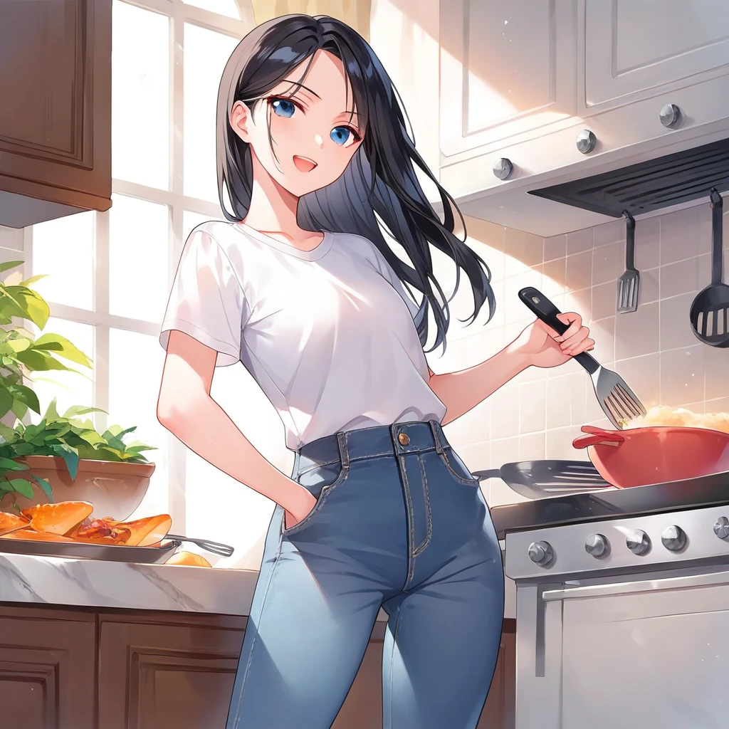 masterpiece , best quality , color , lineart , 1 girl , solo , 20 years old , flat chest , long black hair , short sleeve , white tshirts , long pants , jeans , smirk , standing , cooking , open eyes , open mouth , look away backwards ,kitchen backqround , simple backqround ,