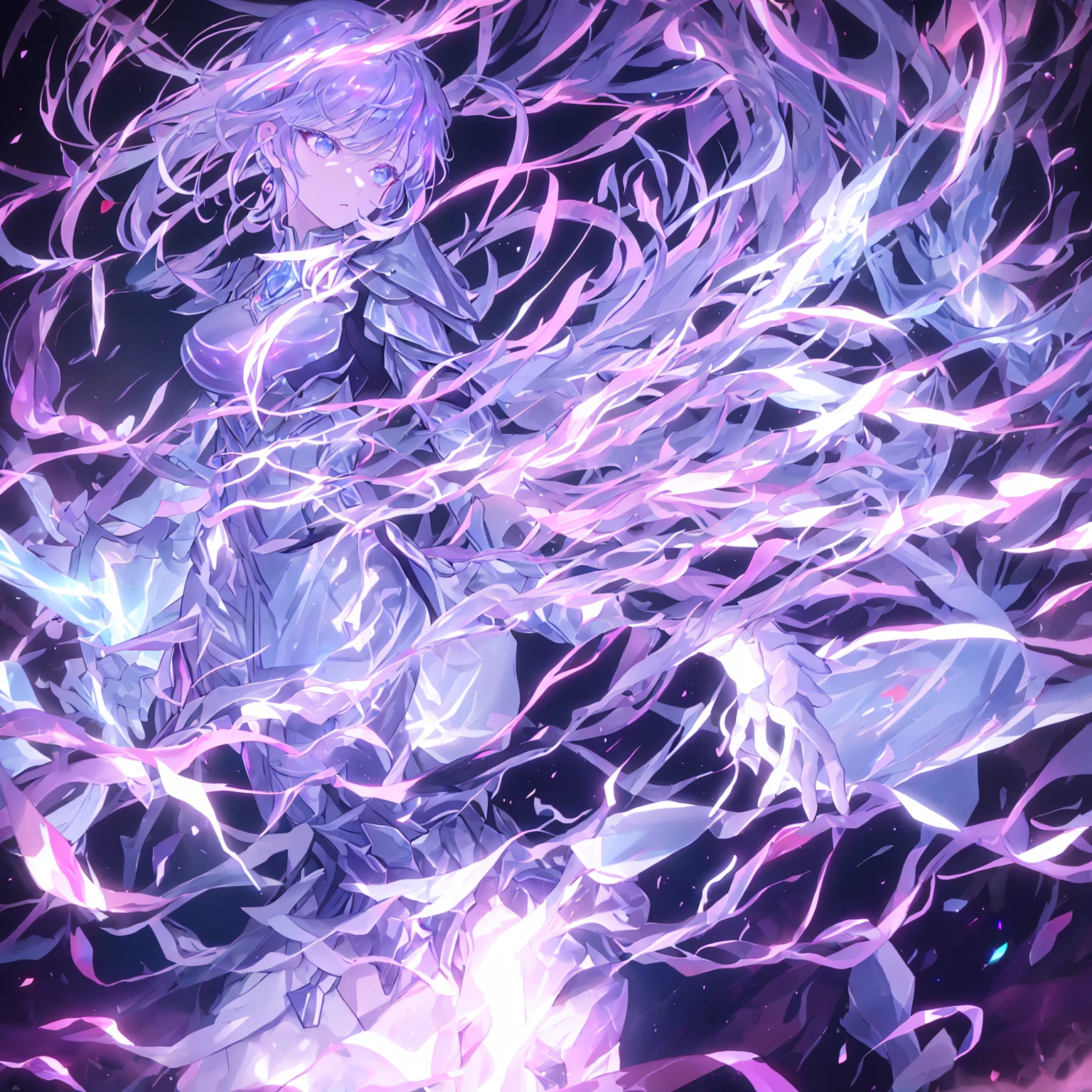 {{{{masterpiece}}}}, {{{hyper detailed}}}, {{{highres}}}, {{good anatomy}}, (((best quality))), ((an extremely delicate and beautiful)), {{an extremely detailed and delicate}}, {8k cg wallpaper}, {stunning art}, {{illustration}}, {amazing}, dynamic pose, crystal armor, dress, close up, 1girl, expressionless, excessive energy,smoke,glowing aura,cinematic atmosphere, purple hair, iridescent hair, white flames, blue flames, (tsurime:1.44)