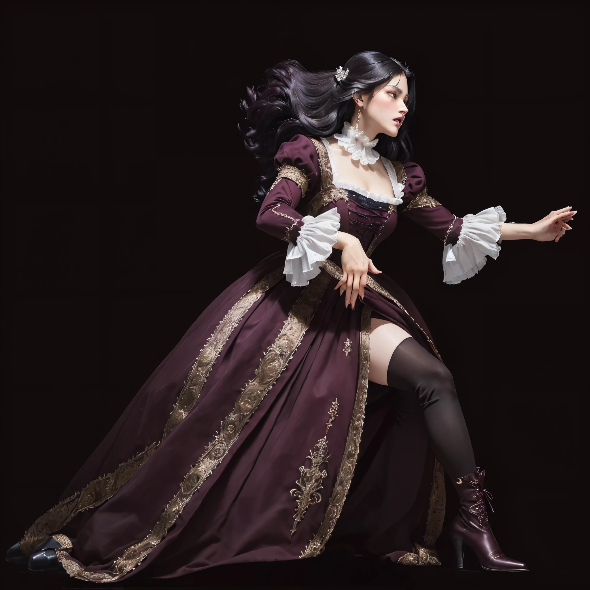 masterpiece, best quality photo, a maid woman in renaissance dress, battle posture, (renaissance inspired dress with dark wine color on top:1.3), skirt with black and wine color, medieval female gown with white lace, tight fit, slim body with large breast, white cotton stocking and ankle ankle boots, (detailed facial expression; extremely detailed face, angry, serious:1.3, rich black hair:1.1, (gripping hands:1.2)