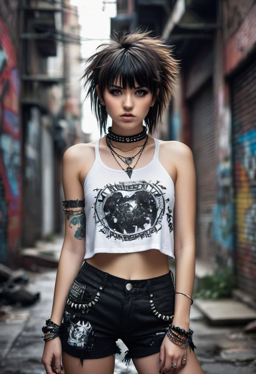 A young woman with dark, messy hair and bangs, wearing a white crop top with an anime-style graphic design and black studded shorts, standing in an urban setting with a rebellious, punk-inspired style, including layered necklaces, bracelets, and a choker, in a gritty, edgy composition that captures her confident and edgy persona. UHD image,glittery and shiny, HDR, dynamic pose, 32K, sharp focus.