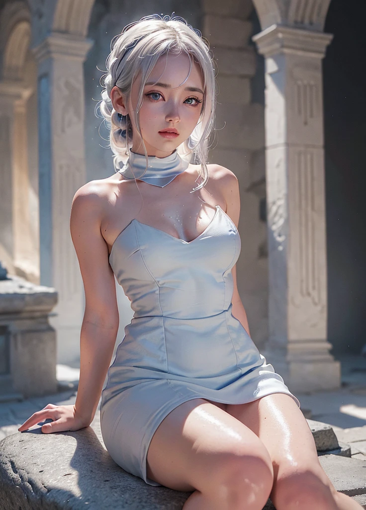 beautiful, long white hair, long blue elegant dress, lounging on a stone throne in an old stone castle, sfw, one girl, solo, perfect body, perfect face, perfect hands, perfect fingers, perfect lips, perfect eyes, perfect background, perfect vibe, professional quality, 8k, perfect photography, highest resolution, 8k, ray tracing, perfect volumetric lighting, high quality octane render, high quality vector, ultra detailed, clear skin, minimalist background, perfect skin, no abberations