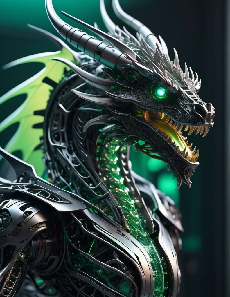 Complex 3d rendering ultra-detailed beautiful dragon , biomechanical robot, simulated 150mm shot, beautiful natural soft edge light, crystal , roots, colorful details, intricate details, mesh threads, mandelbro fractals, body muscles, cable wires, microchips, badasses, surreal, ultra-detailed, octane rendering, volumetric lighting, 8k post-production, black and white with a touch of green , metallic skeleton details, half-animal , futuristic landscape , complex body