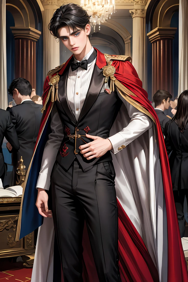 masterpiece, 最high quality, high quality, 1 boy, alone, Male focus, Watching the audience, Messy black hair, Adorable big blue eyes, White people, Noble, Noble,Sexy voluminous black and red cape、Tuxedo、A very voluminous, large, very large, very large, long, long red and black cape with a high stand-up collar, reaching down to the floor, made of a lot of fabric., 17 years old,Cute beautiful boys,Cute, cute, kind, handsome guy
