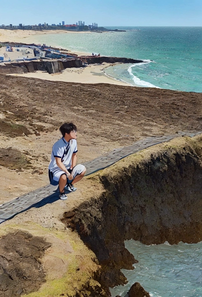 A young man,On the cliff by the sea,Looking at the sea level,Next to the man is a BYD Han car.,There is a bicycle next to him.,Man holding camera looking at the seaside,There is a kitten next to me。