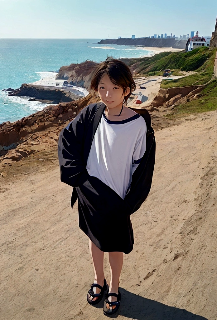 A young man,On the cliff by the sea,Looking at the sea level,Next to the man is a BYD Han car.,There is a bicycle next to him.,Man holding camera looking at the seaside,There is a kitten next to me。