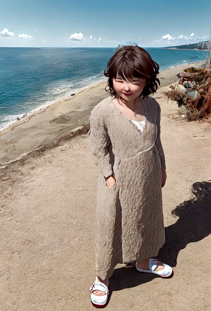 A young man,On the cliff by the sea,Looking at the sea level,Next to the man is a BYD Han car.,There is a bicycle next to him.,Man holding camera looking at the seaside,There is a kitten next to me。